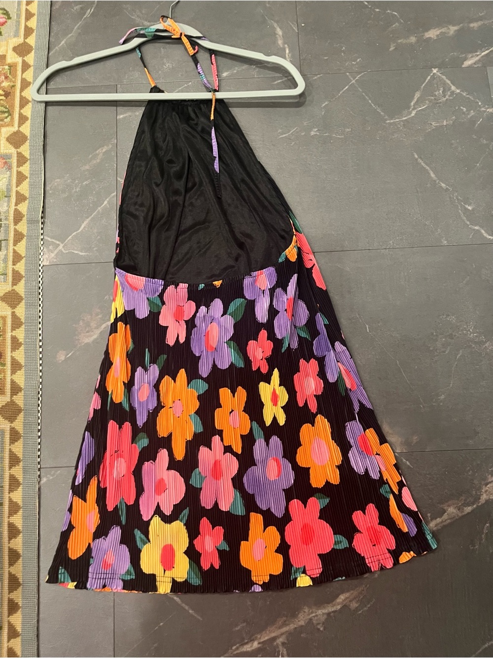 Peppermayo Black Floral Halter Dress with Pink, Orange, Purple, & Yellow Flowers - Picture 2 of 5